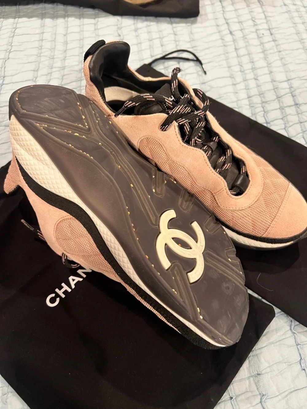 Chanel Pink Mesh Suede Calfskin Quilted Sneakers